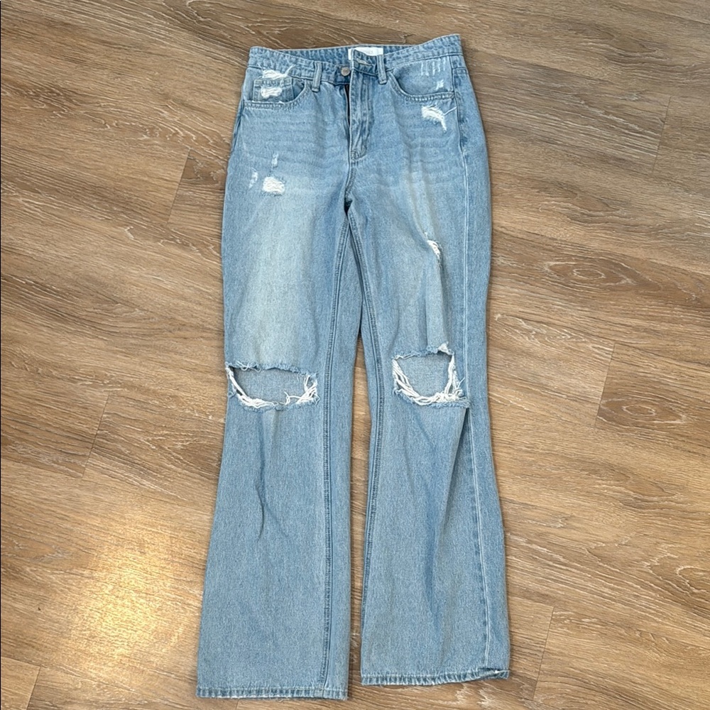 Vici Blue Flare Wide Leg Jeans with Distressed Details